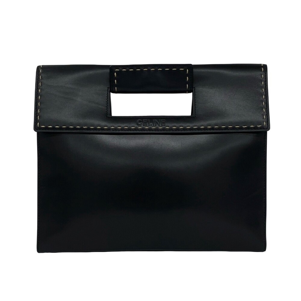 CELINE Vintage Logo Stitched Leather Handbag Tote Bag Black 33532